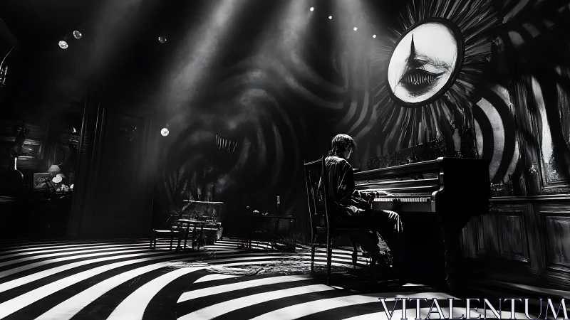 Pianist in surreal monochrome room under ominous circular mural