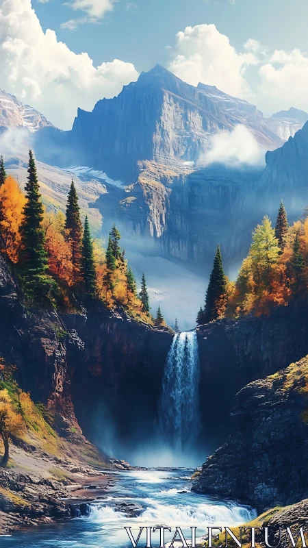 Vertical alpine waterfall amid autumn conifers and glacial peaks