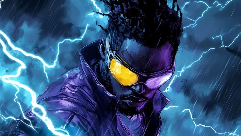 Cybernetic figure in storm with reflective visor and lightning.
