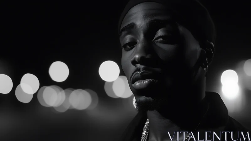 Monochrome nocturnal portrait with shallow depth of field.