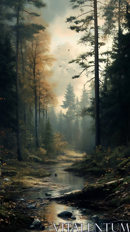 Misty forest stream awakens with golden dawn light