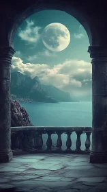 Moonlit stone archway overlooking calm coastal bay.