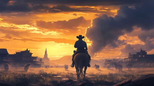 Golden sunset welcomes a lone cowboy riding through town