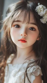 Young woman with bangs wearing white dress, white flower hair accessory