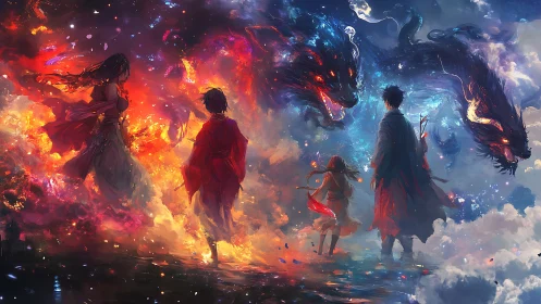 Opposing fire and sky figures confront twin spectral dragons