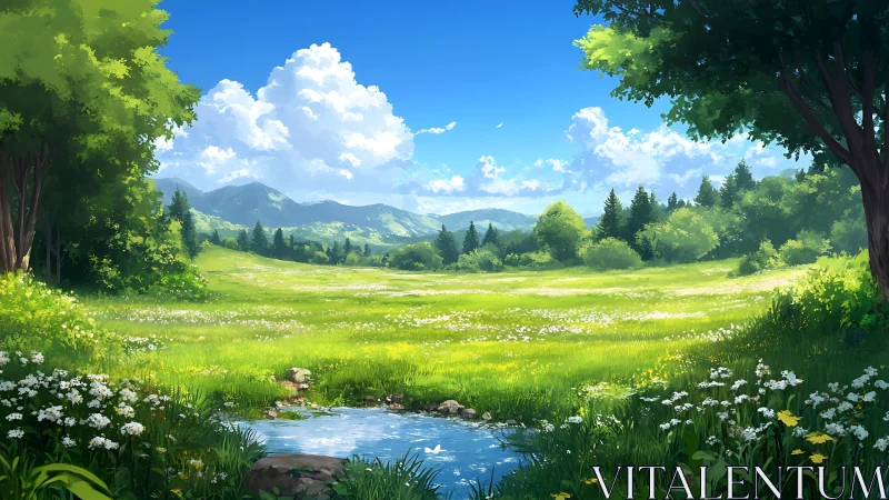 Sunlit meadow landscape with stream and distant mountains.