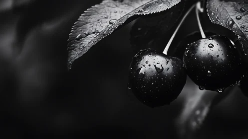Black cherries glisten under raindrops in moody monochrome.