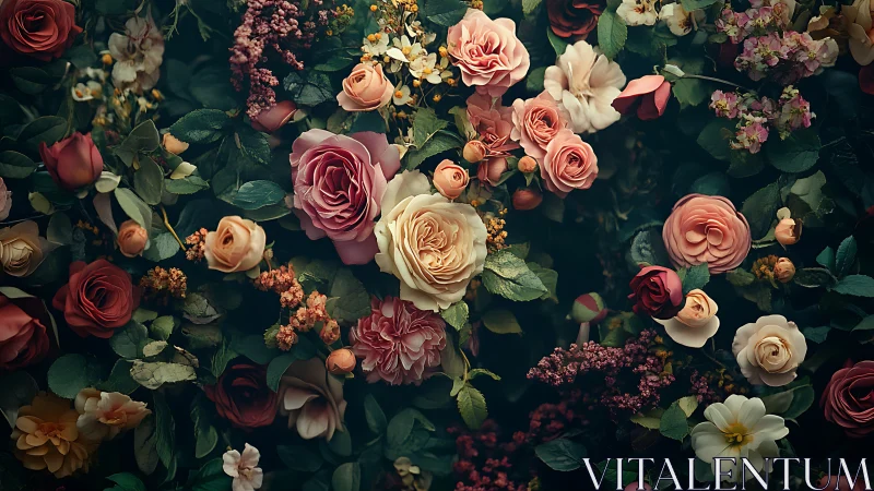 Garden Composition with Layered Roses and Seasonal Blooms.