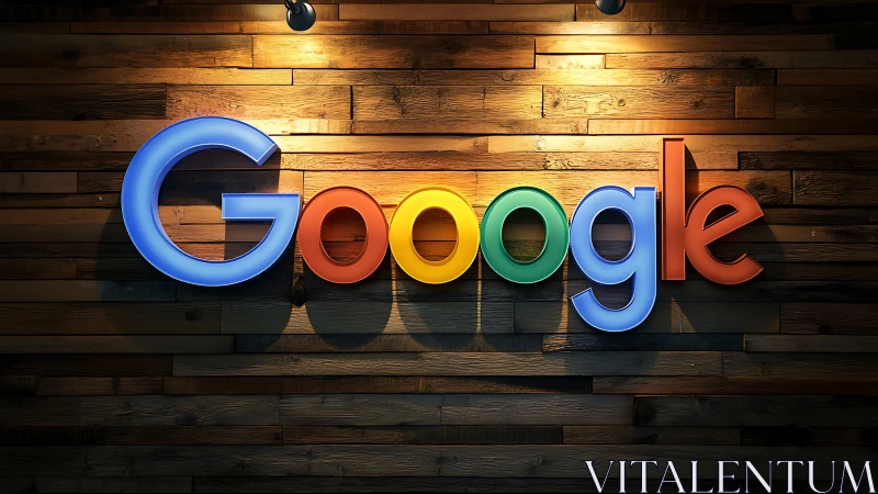 Glowing Google logo against a cozy wooden wall backdrop.