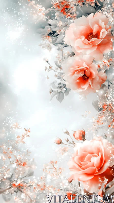 Coral Peonies Bloom Through Crystalline Frost Whispers.