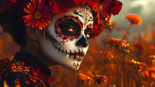 Dia de los Muertos calavera portrait in marigold field panorama.