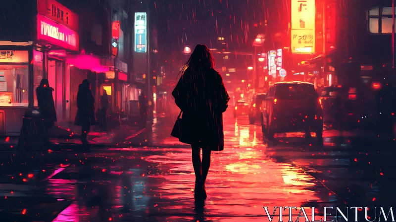 Silhouette crossing neon city street under steady rain.