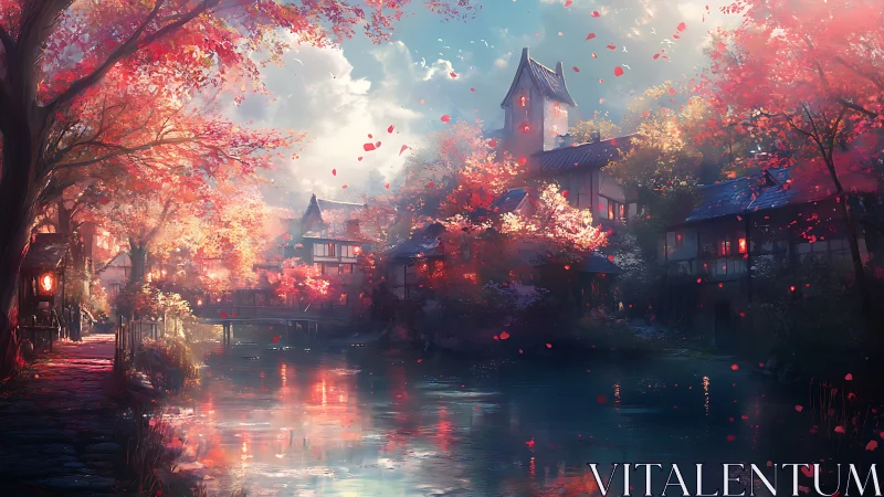 Riverside village sits under dense red autumn foliage