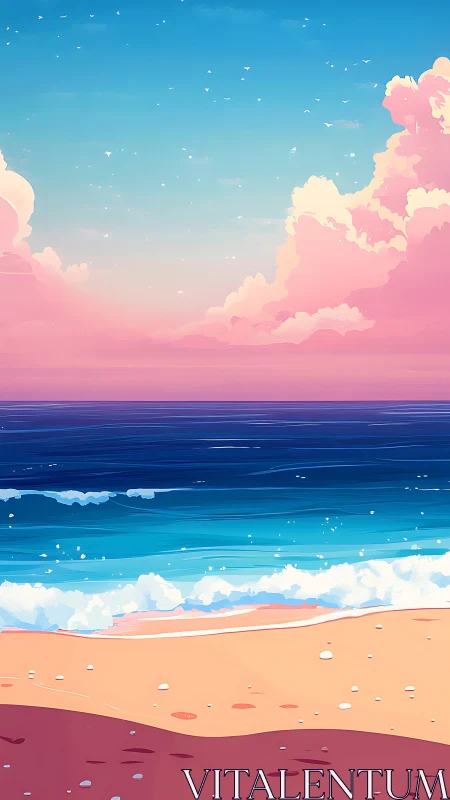 Soft pastel shoreline under dreamy pink sunset sky.
