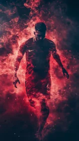 Flaming striker strides forward through swirling cosmic smoke