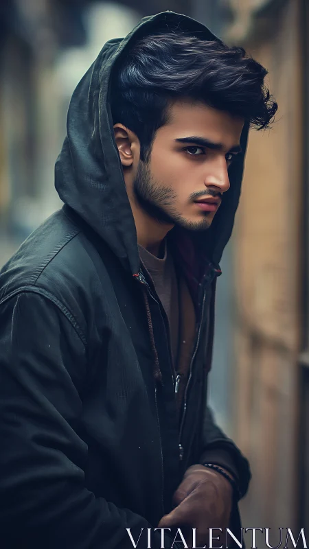 Portrait of young man in hooded jacket on street background.