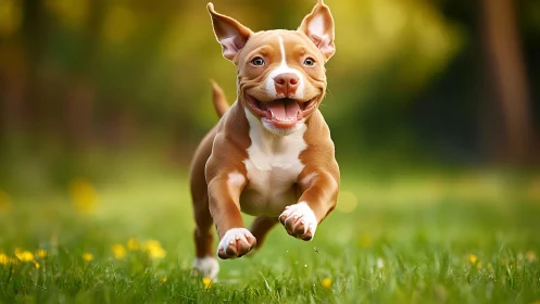 Joyful brown puppy sprints through sunlit spring meadow