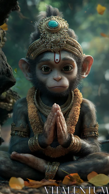 Divine monkey child sits in serene forest meditation.