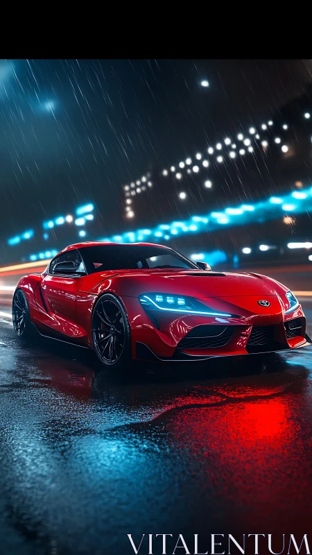 Photorealistic red sports coupe on neon-soaked rainy street at night.