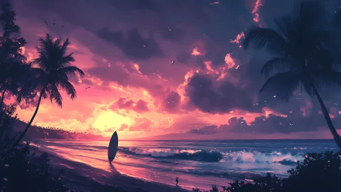 Digital seascape with silhouetted palms and sunset surf.