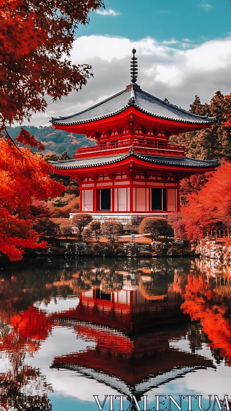 Scarlet pagoda dreams mirrored in a tranquil autumn pond.