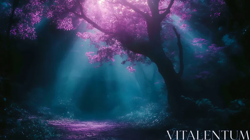 Luminescent Forest Path with Glowing Magenta Canopy.