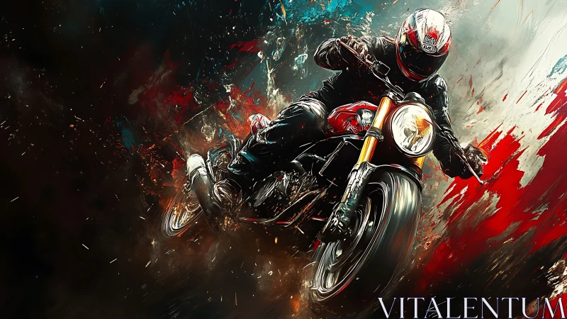 Roaring motorcycle rider carves through bold splashes of color