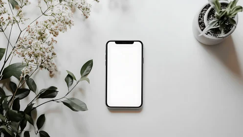 Smartphone with blank screen surrounded by potted plants