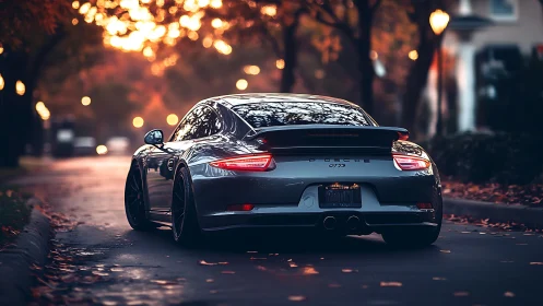 Sport coupe idles on leaf-strewn street at autumn dusk