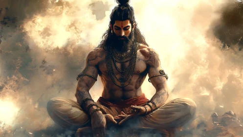 Muscular bearded yogi in deep meditation amid glowing clouds.