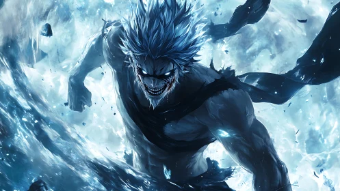 Ferocious ice-charged warrior surges forward in dynamic anime