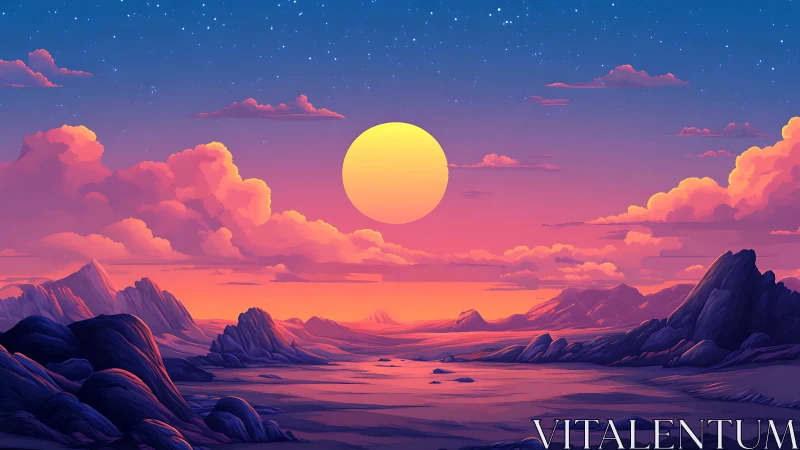Stylized alien desert landscape under large setting sun.
