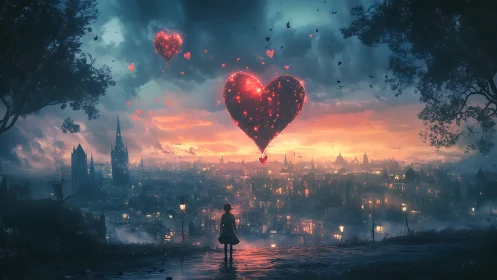 Luminous Hearts Float Above Neon City Dusk.