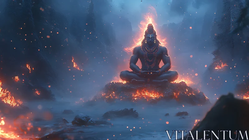 Fiery deity in tranquil meditation amid molten landscape.