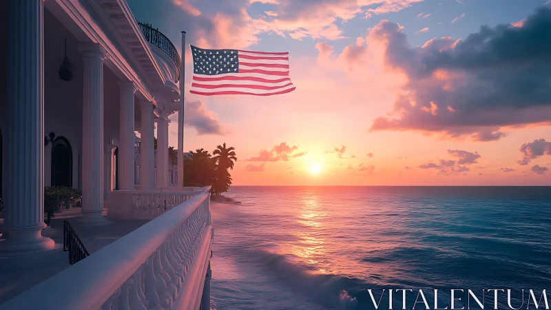 Sunlit veranda, ocean horizon, and flag in gentle motion.