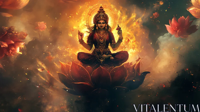 Divine goddess on blazing lotus amid celestial petals.