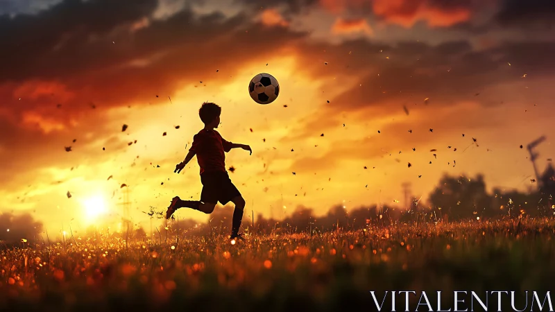 Silhouette of child playing soccer under vivid sunset sky.