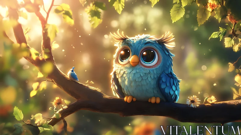 Cute blue cartoon owl with big eyes in sunlit forest illustration.