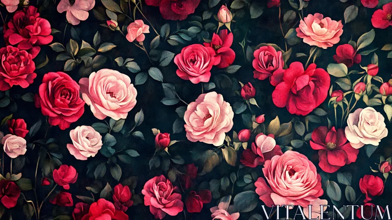 Roses in Deep Tones. Rich Garden Blooms Against Dark Background.