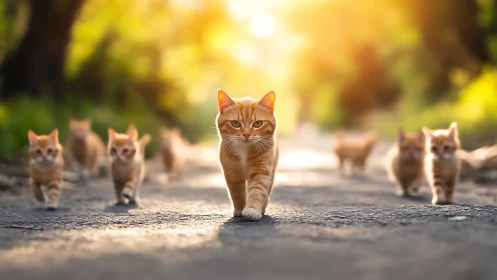 Ginger Cat Leading Feline Colony Through Golden Sunlit Path