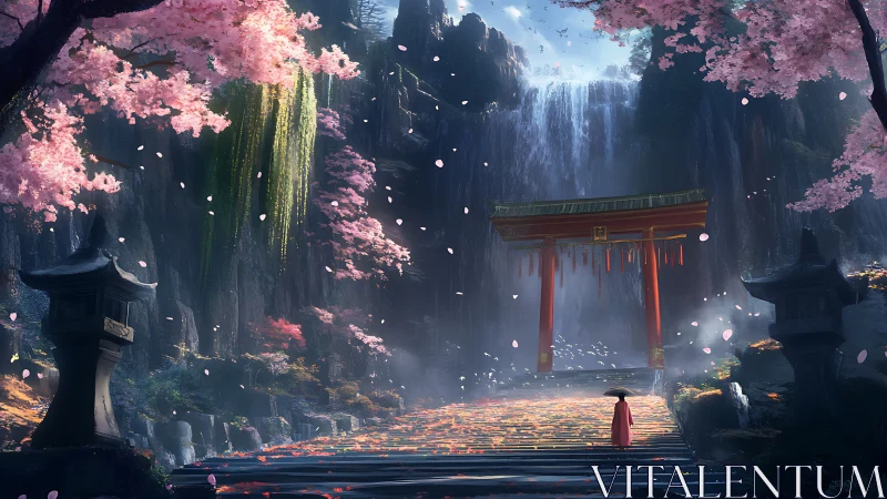 Majestic torii gate stands before misty waterfall sanctuary.