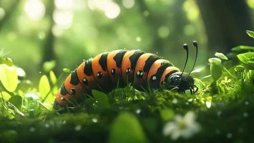 Playful orange caterpillar glows in a dreamy forest meadow.