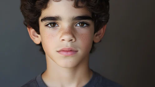 Young teenager portrait with freckles and expressive eyes.