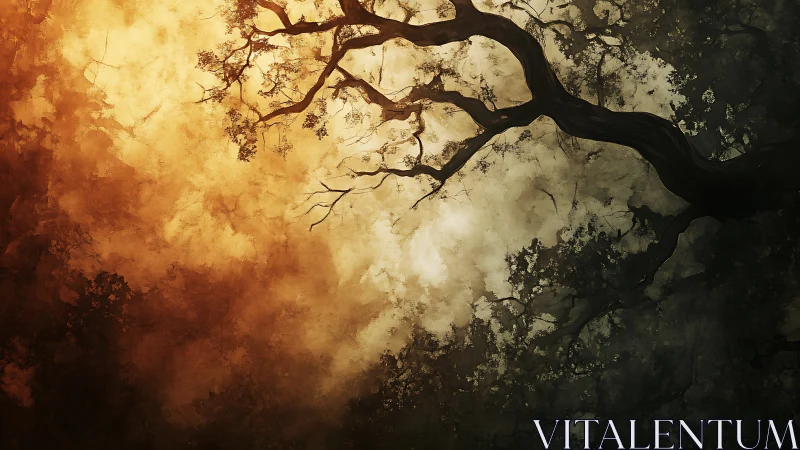 Twisted tree silhouette divides burning dusk and shadowed sky