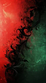 Red and green split background with black floral divider.