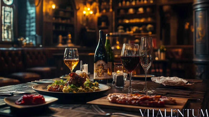 Low-light bistro table captures plated entrees and mixed stemware