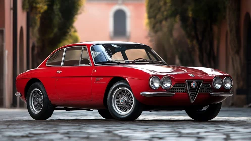 Iconic red classic coupe parked in a sunlit old town street.