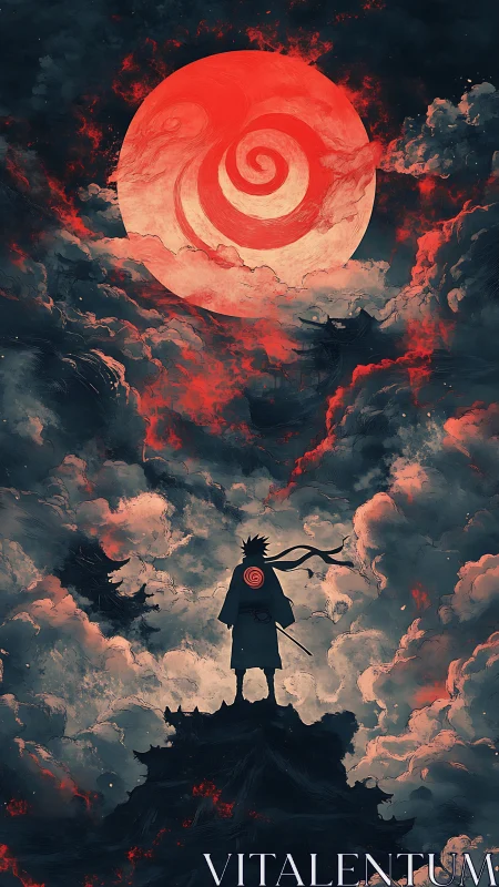 Stormlit wanderer beneath the spiral blood moon sky.