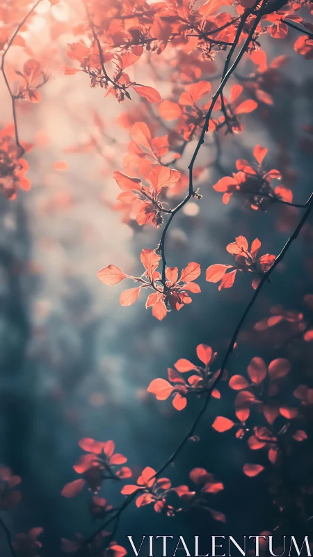 Coral leaves drift through silver dusk in dreamy bokeh glow.