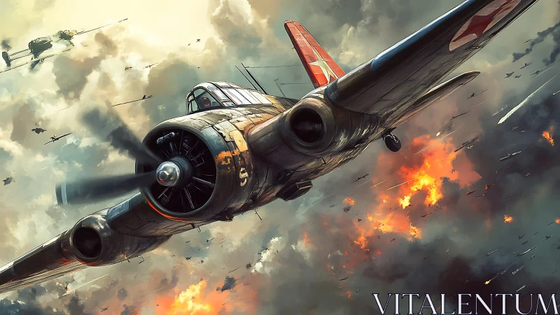 Warplane dives through blazing sky over chaotic dogfight.